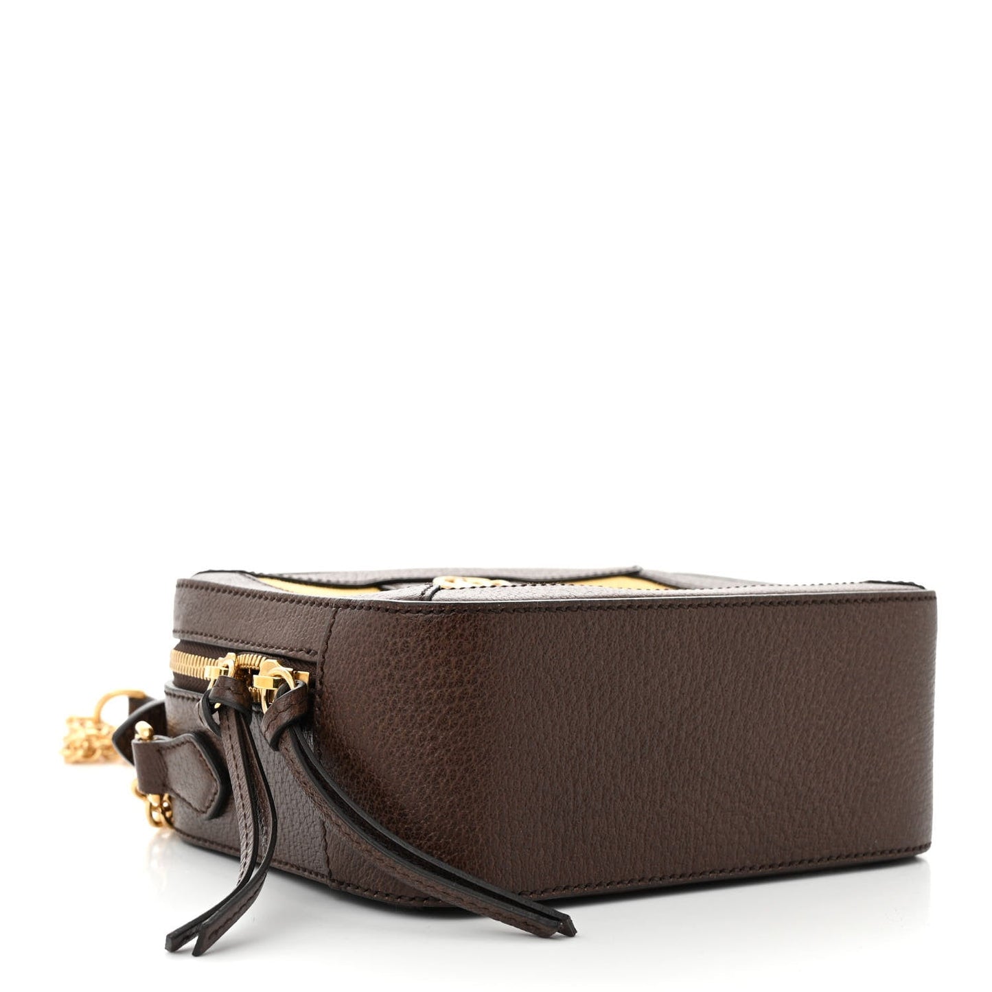 Canvas Textured Calfskin Web Mini Ophidia Top Handle Shoulder Bag Easy  Yellow Dark Brown