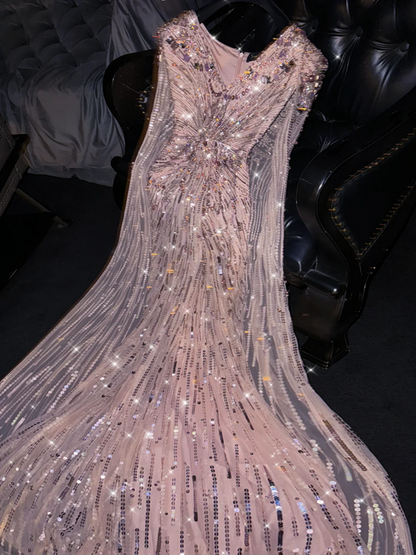 Light pink V-neck sleeveless fitted long sexy ball gown, bridal dress R8756