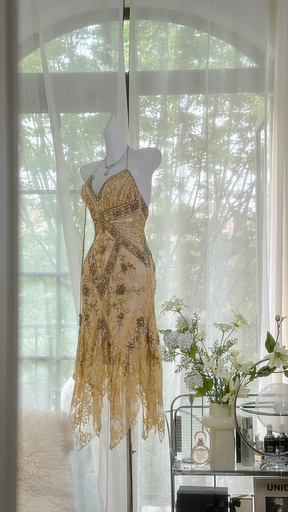 Light yellow halter-neck fitted slim-fitting irregular hem sexy ball gown R7664