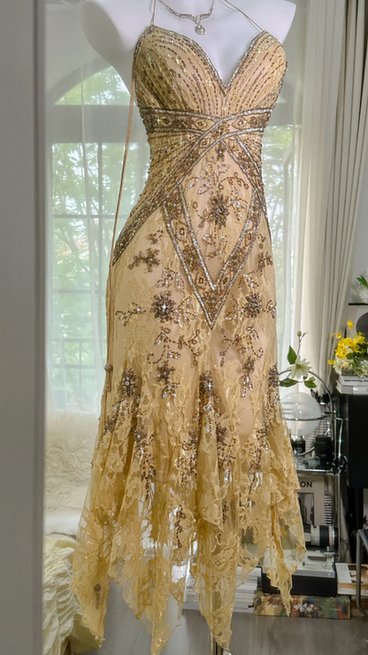 Light yellow halter-neck fitted slim-fitting irregular hem sexy ball gown R7664