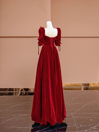 Red square neckline fitted long ball gown R8415