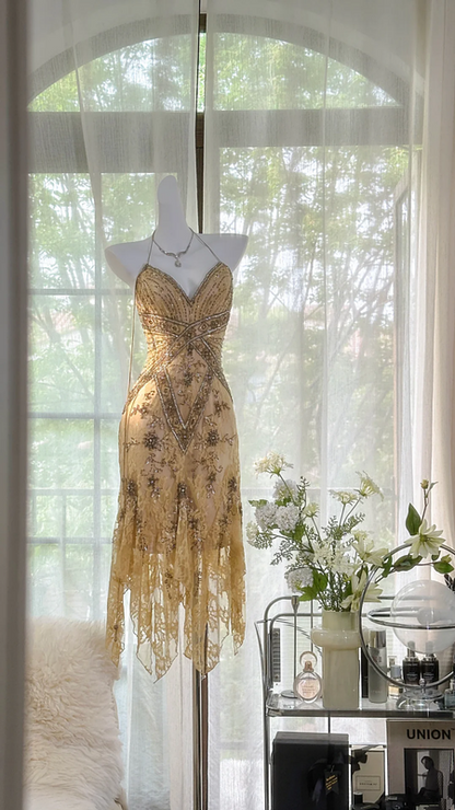 Light yellow halter-neck fitted slim-fitting irregular hem sexy ball gown R7664