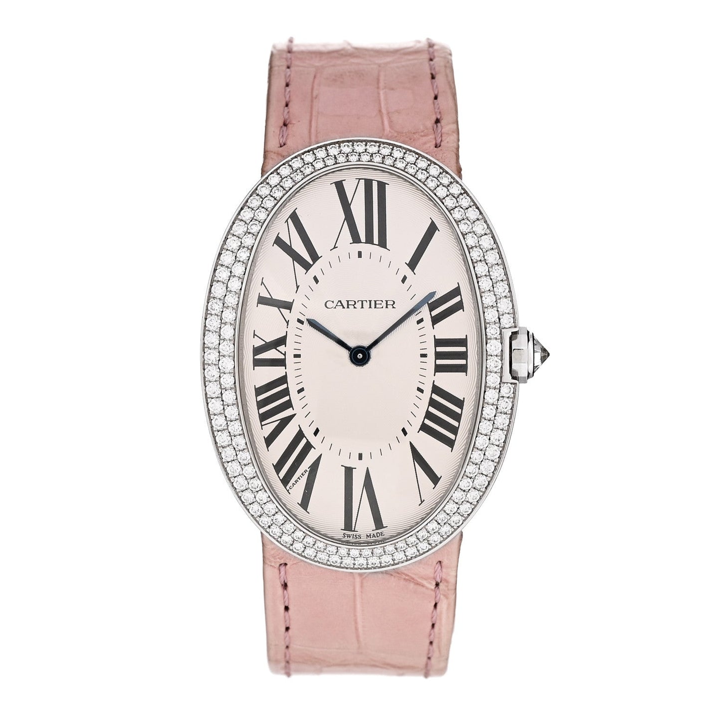18K White Gold Alligator Diamond Bezel 33mm Baignoire Manual Winding Watch Pink