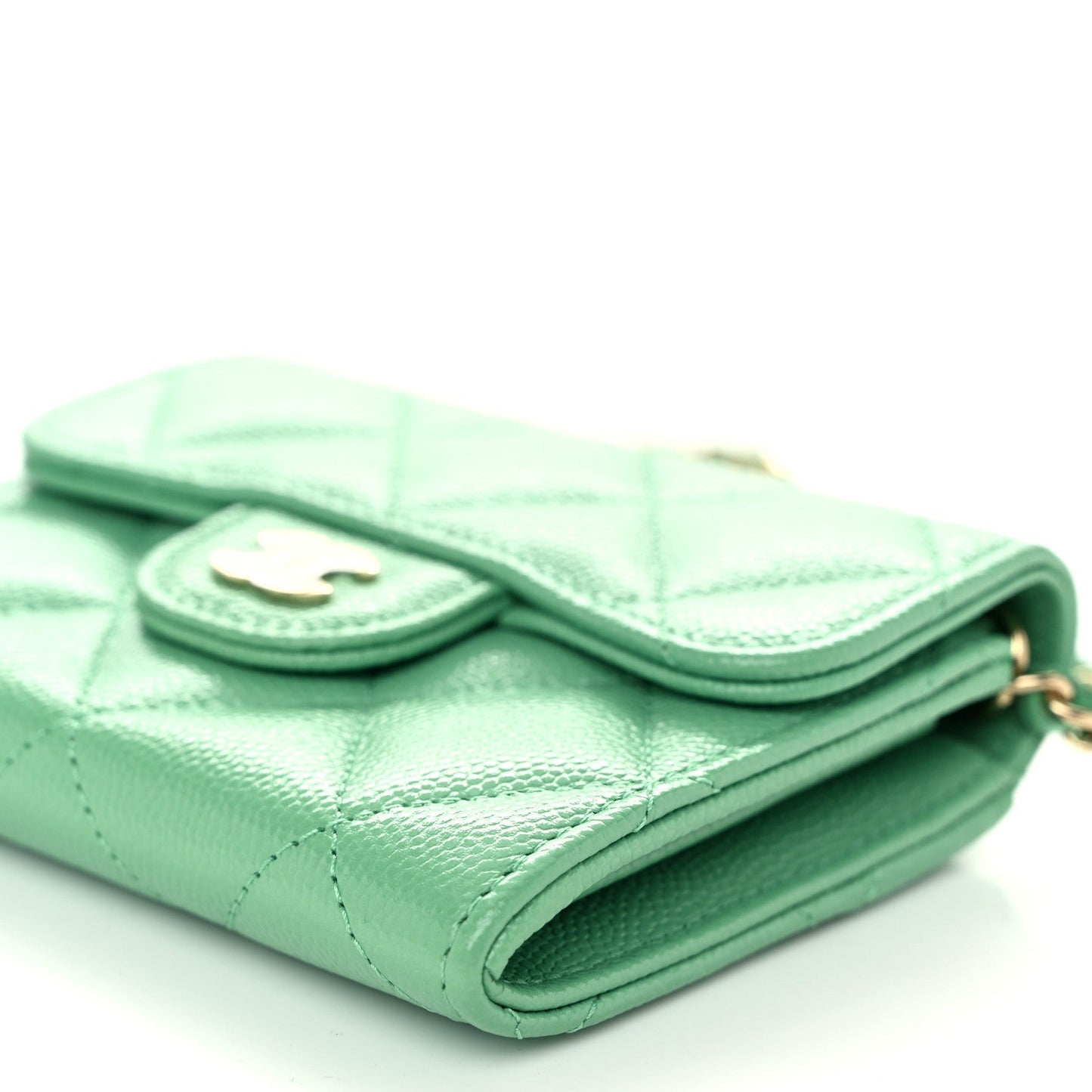 Caviar Quilted Flap Card Holder On Chain Light Green