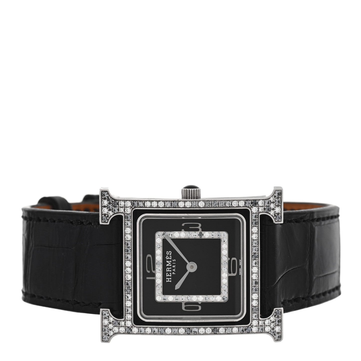 18K White Gold Alligator Diamond Grey Sapphire 26mm Heure H Hour Quartz Watch Noir