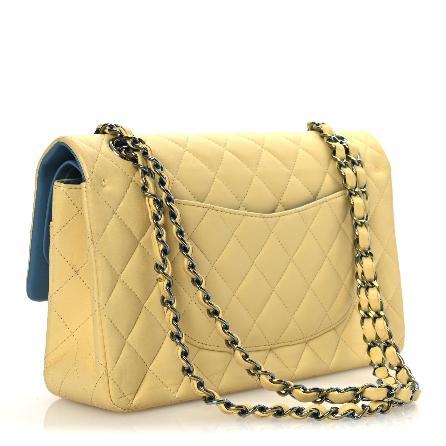 Lambskin Quilted Medium Double Flap Yellow Blue