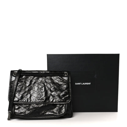 Crinkled Calfskin Matelasse Monogram Large Niki Chain Satchel Black