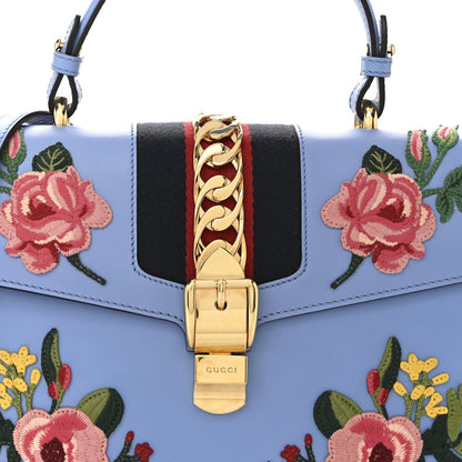 Calfskin Embroidered Medium Sylvie Top Handle Bag Clear Sky Blue