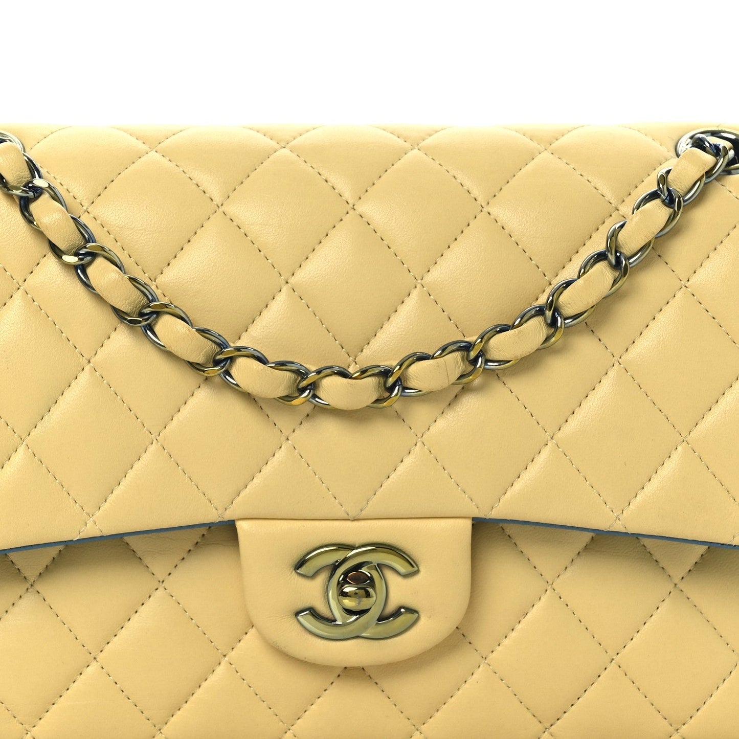 Lambskin Quilted Medium Double Flap Yellow Blue
