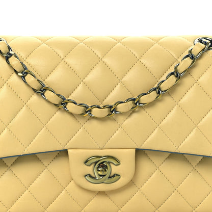 Lambskin Quilted Medium Double Flap Yellow Blue