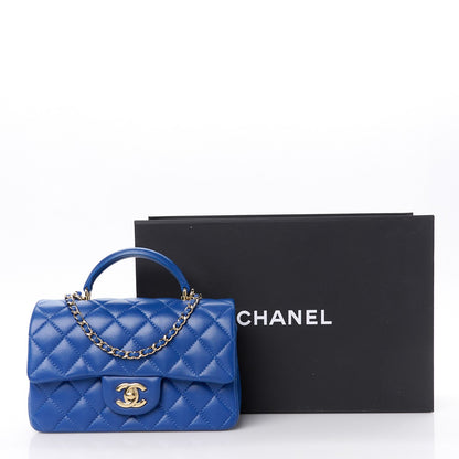 Lambskin Quilted Mini Top Handle Rectangular Flap Blue