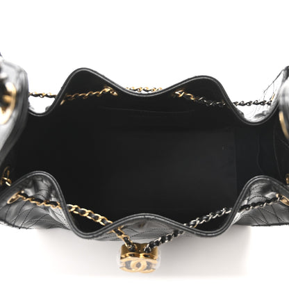 Shiny Crumpled Calfskin Quilted Small Chanel 25 Handbag Black