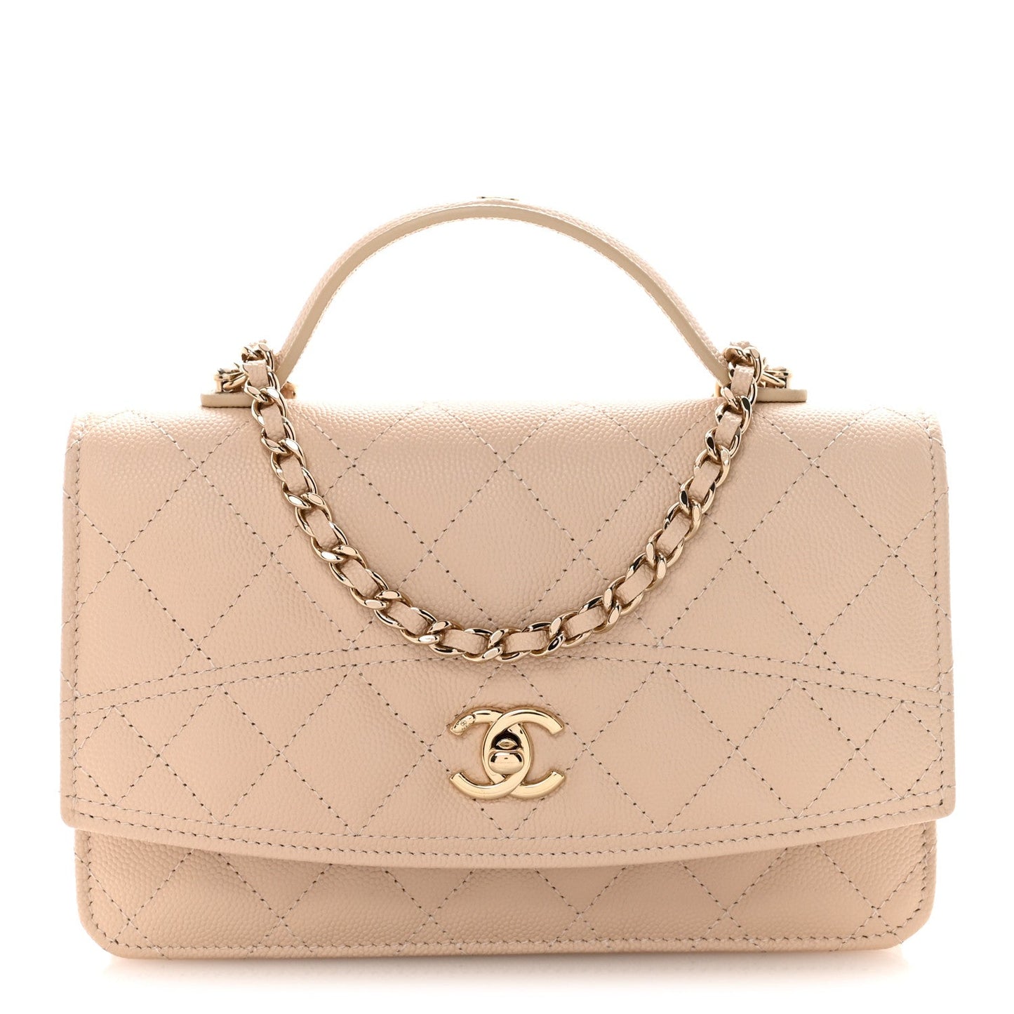 Caviar Quilted Trendy Handle Clutch With Chain Ecru