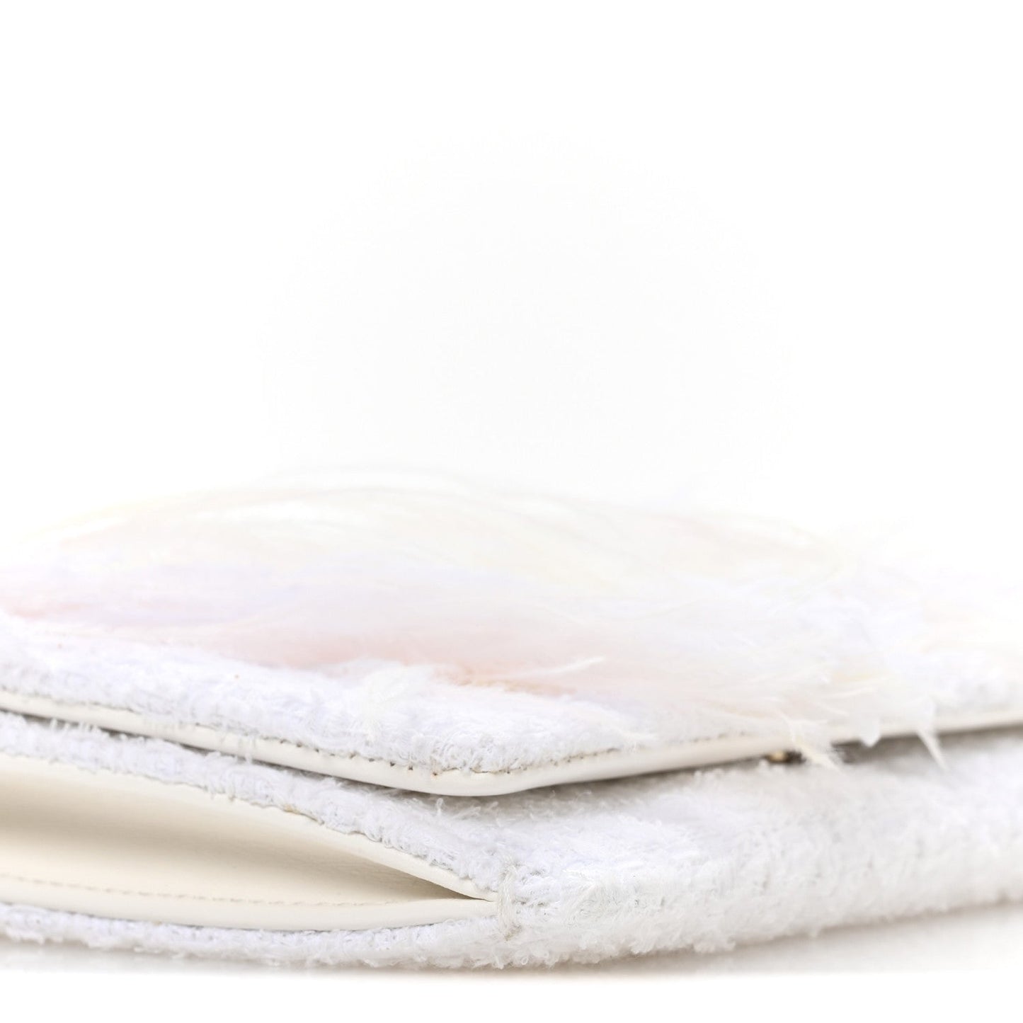 Tweed Embroidered Feathers Pearl Crystal Clutch White