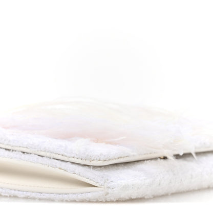 Tweed Embroidered Feathers Pearl Crystal Clutch White