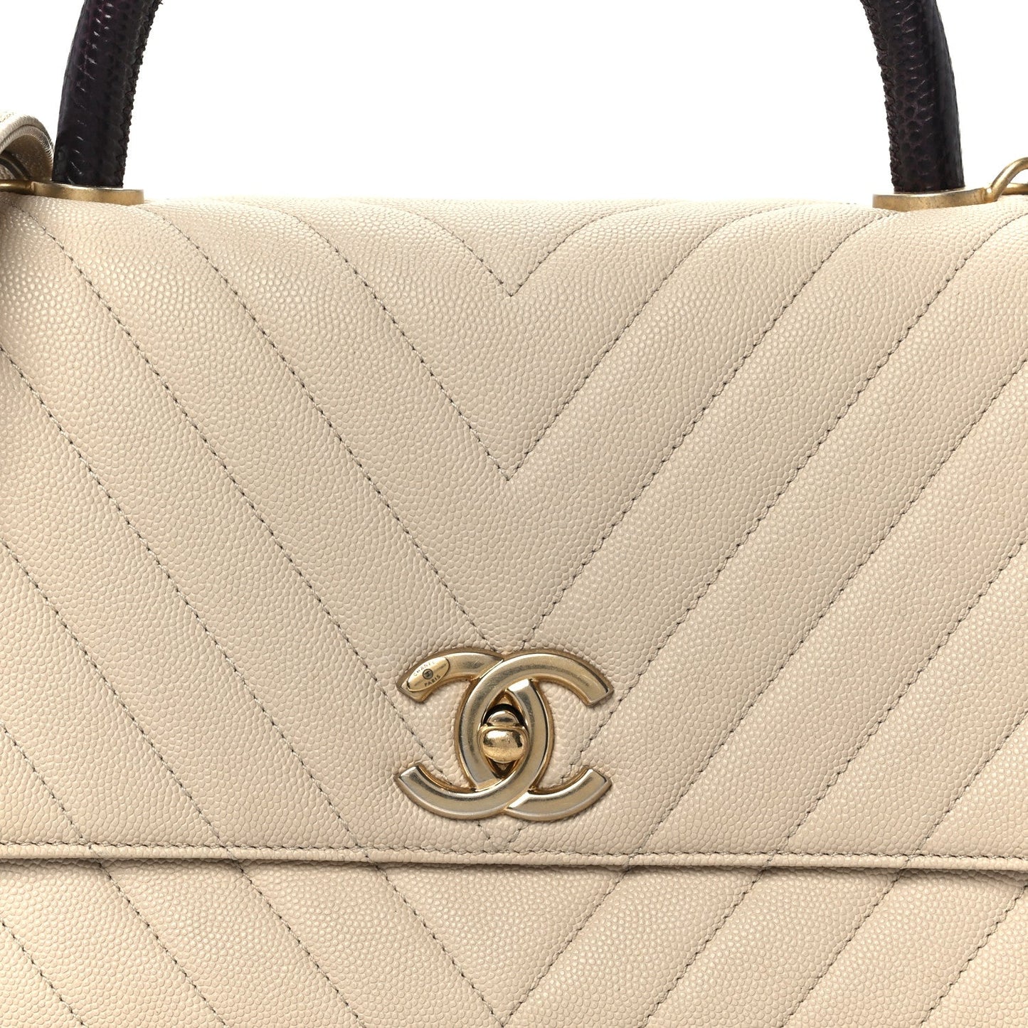 Caviar Lizard Embossed Chevron Quilted Small Coco Handle Flap Beige