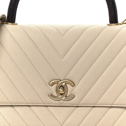 Caviar Lizard Embossed Chevron Quilted Small Coco Handle Flap Beige
