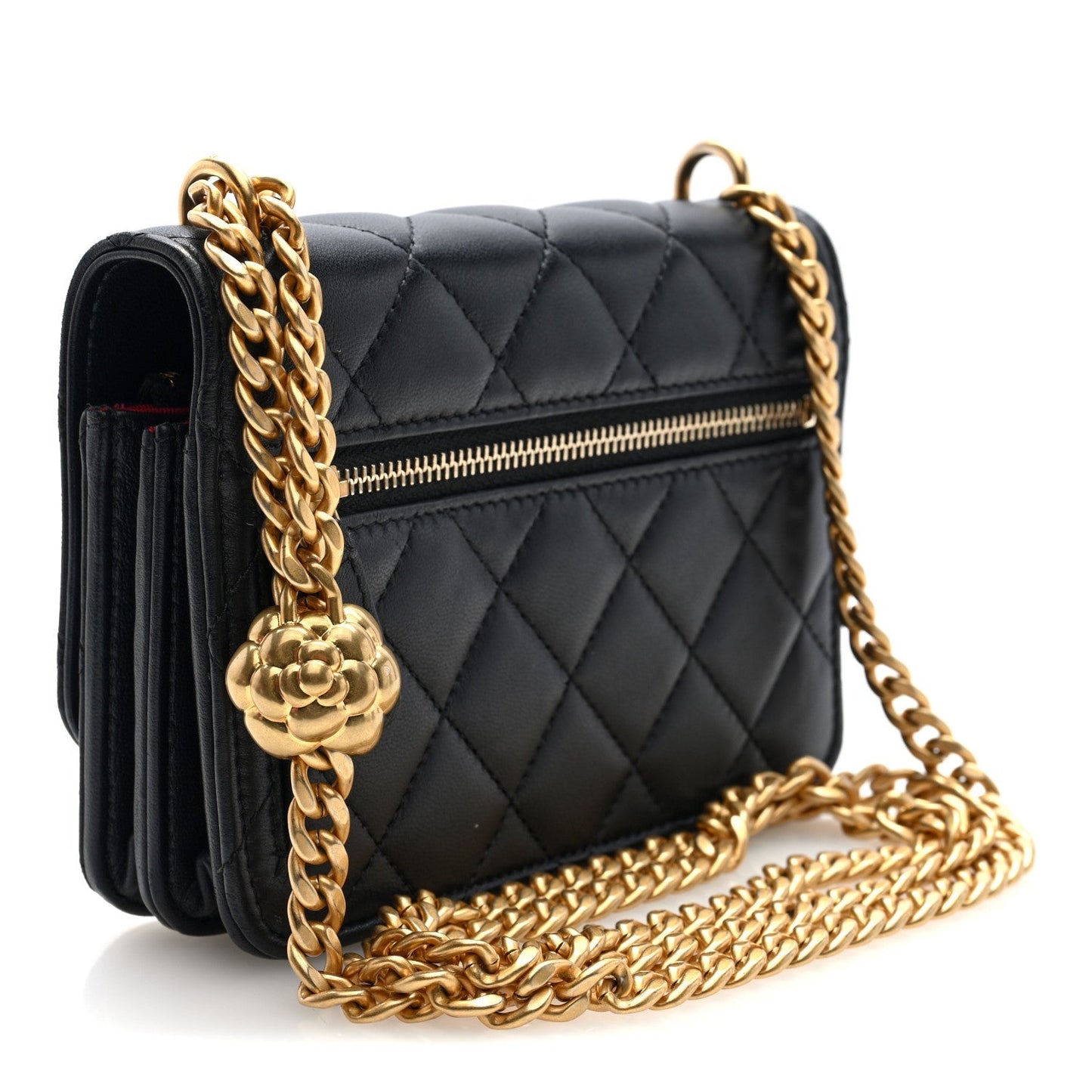 Lambskin Quilted Mini Sweet Camellia Wallet on Chain WOC Black