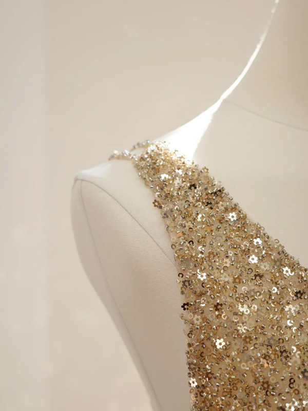Gold V-neck fitted sequined long ball gown, perfect for a sexy bridal gown R8484