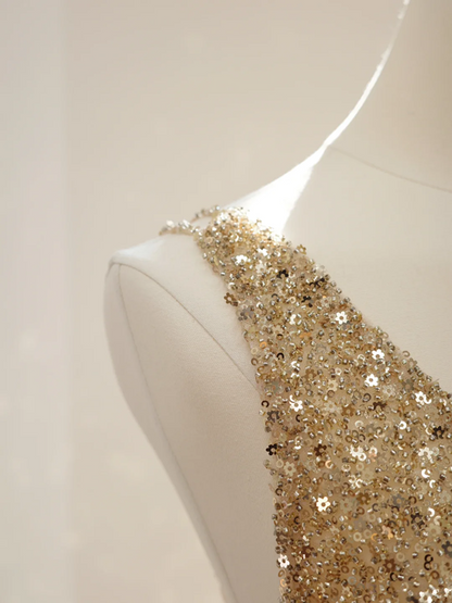 Gold V-neck fitted sequined long ball gown, perfect for a sexy bridal gown R8484