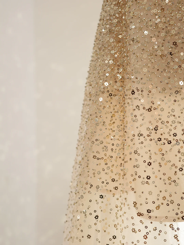 Gold V-neck fitted sequined long ball gown, perfect for a sexy bridal gown R8484