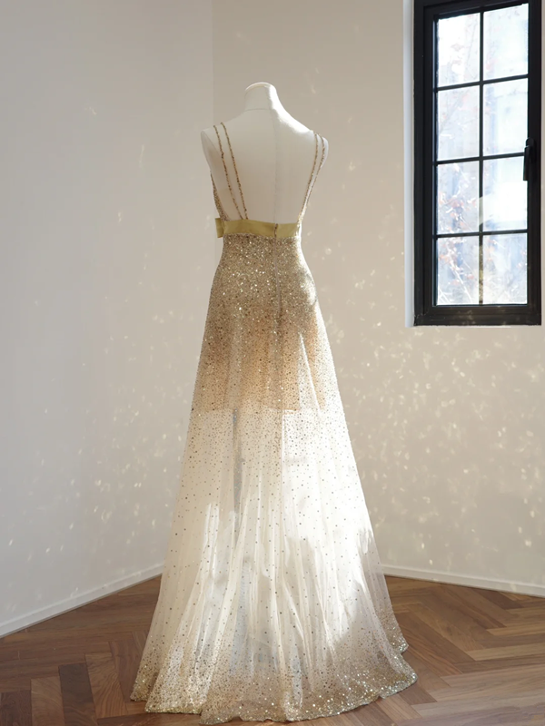 Gold V-neck fitted sequined long ball gown, perfect for a sexy bridal gown R8484