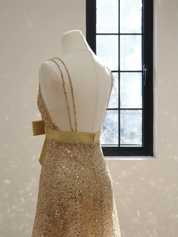 Gold V-neck fitted sequined long ball gown, perfect for a sexy bridal gown R8484