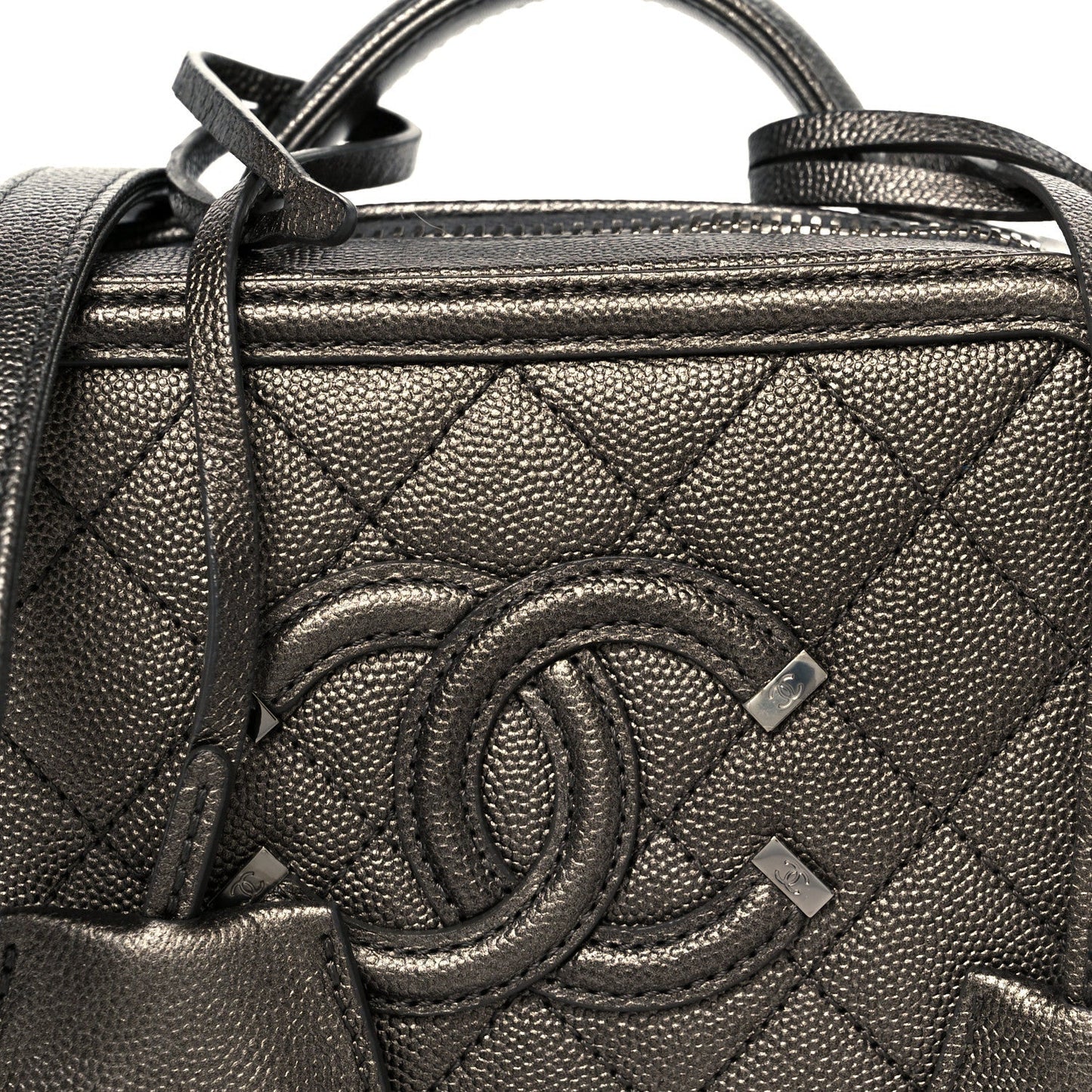 Metallic Caviar Quilted Small CC Filigree Vanity Case Dark Silver
