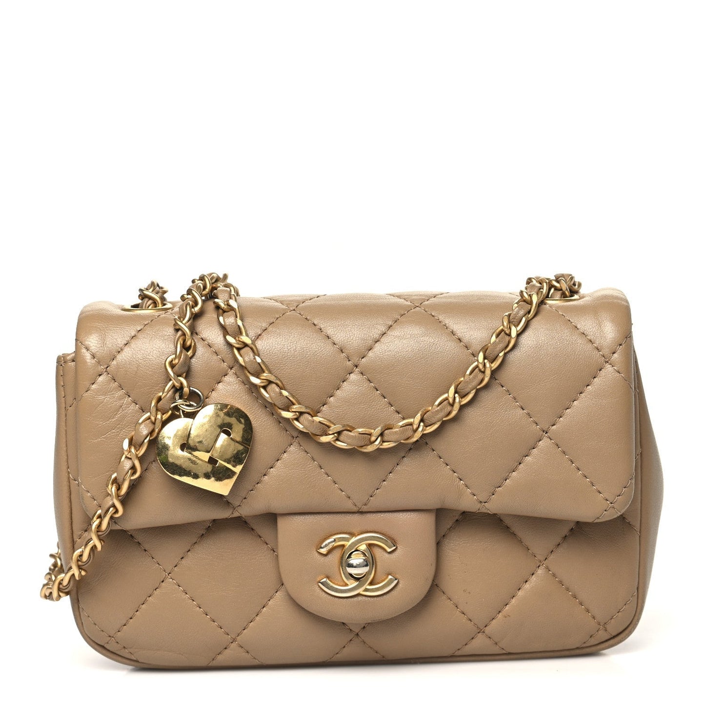 Lambskin Quilted Mini Heart Charms Flap Beige