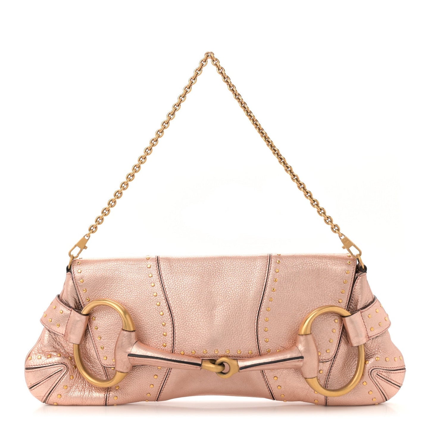 Metallic Calfskin Studded Horsebit Clutch Bag Pink