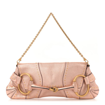 Metallic Calfskin Studded Horsebit Clutch Bag Pink
