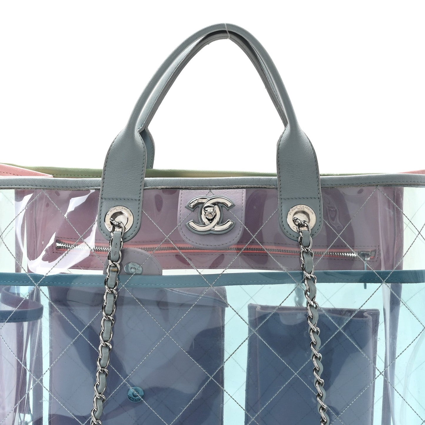 PVC Lambskin Stitched Medium Coco Splash Shopping Bag Blue Green Pink