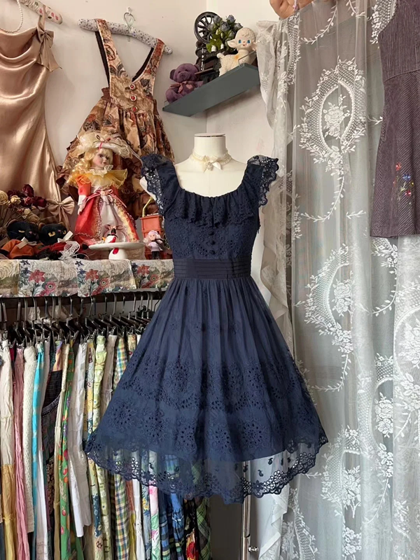 Navy Blue Lace Collar Waist-Cinched Slim-Fit A-Line Short-Length Ball Gown R7432