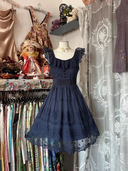 Navy Blue Lace Collar Waist-Cinched Slim-Fit A-Line Short-Length Ball Gown R7432