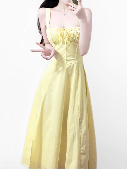 2025 Summer New Yellow Slit Sexy Waist Drawstring Holiday Suspender Dress R0938