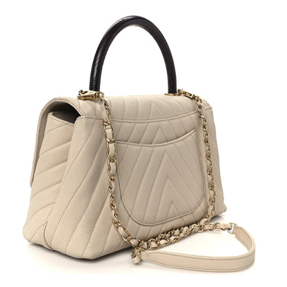 Caviar Lizard Embossed Chevron Quilted Small Coco Handle Flap Beige