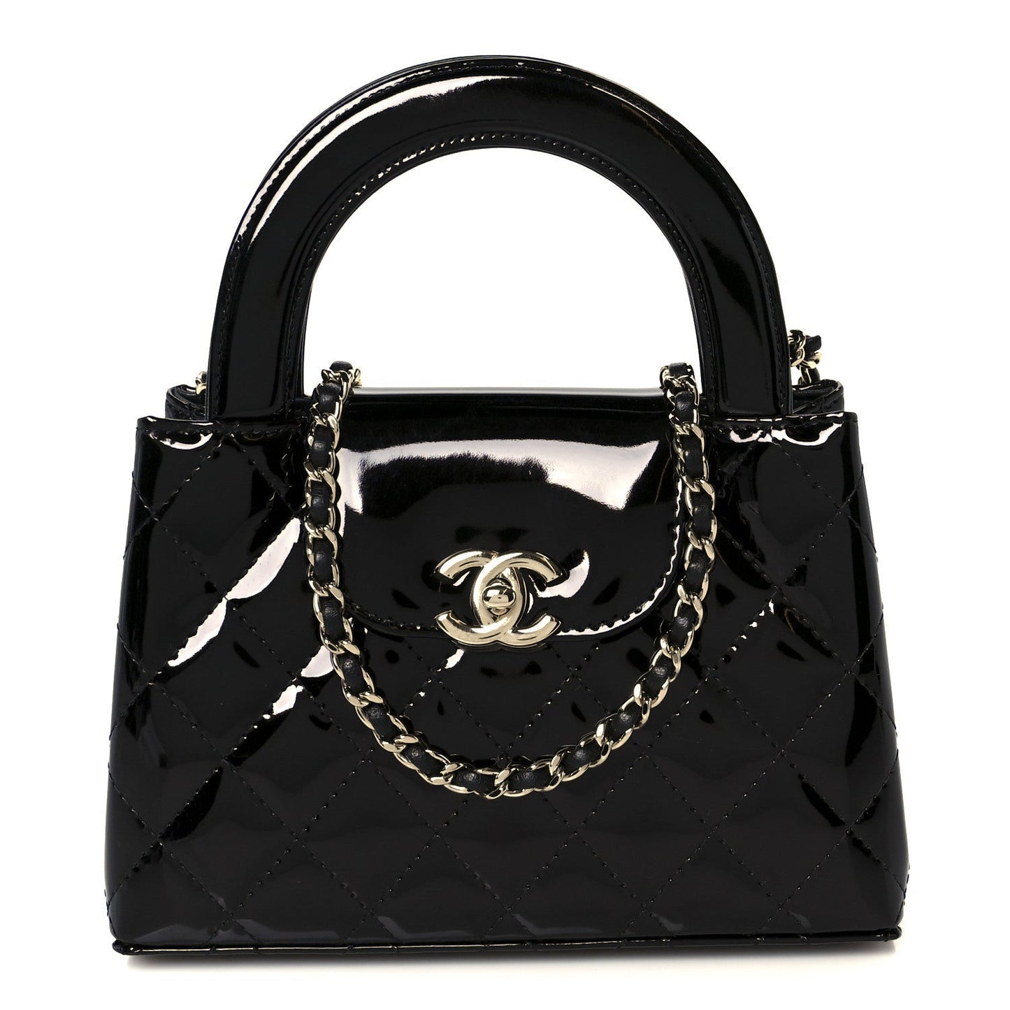 Mirror Calfskin Quilted Nano Kelly Shopper Black