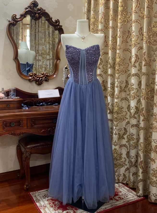 Classy Blue Strapless Tulle Sequin Beaded A Line Long Birthday Party Dress Evening Dress SP1610