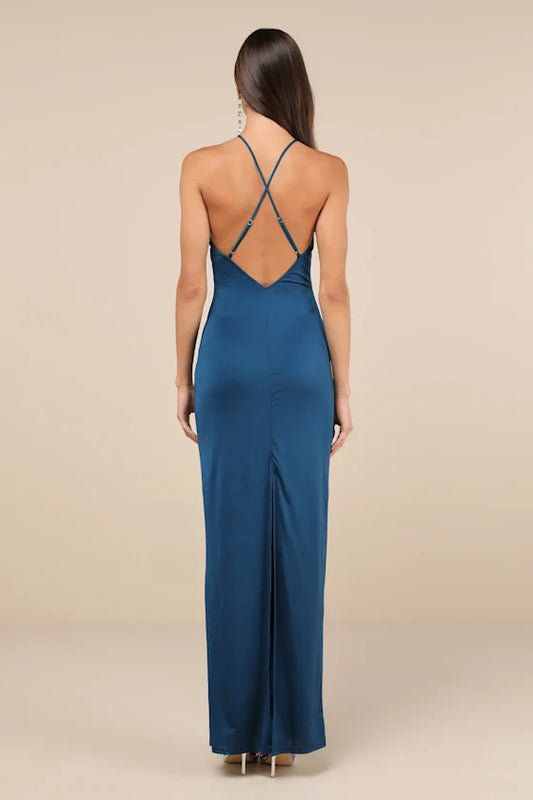 halter neckline sleeveless thin shoulder strap backless slit and floor length evening dress