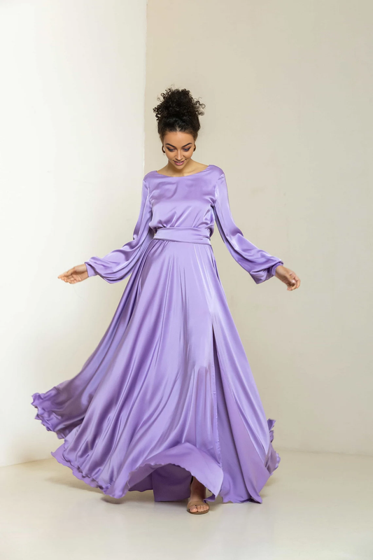 - Long sleeved boat neck satin and floor length Prom dress