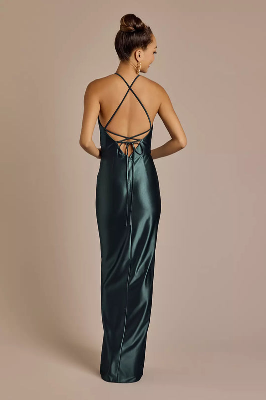 halter neckline backless sleeveless side slit and floor length Prom dress