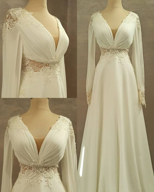 A Line White V Neck Long Wedding Dresses Long Bridal Gown      S7156