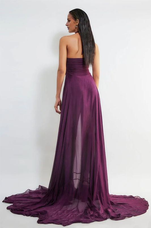 halter neckline off shoulder sleeveless backless and floor length Prom dress