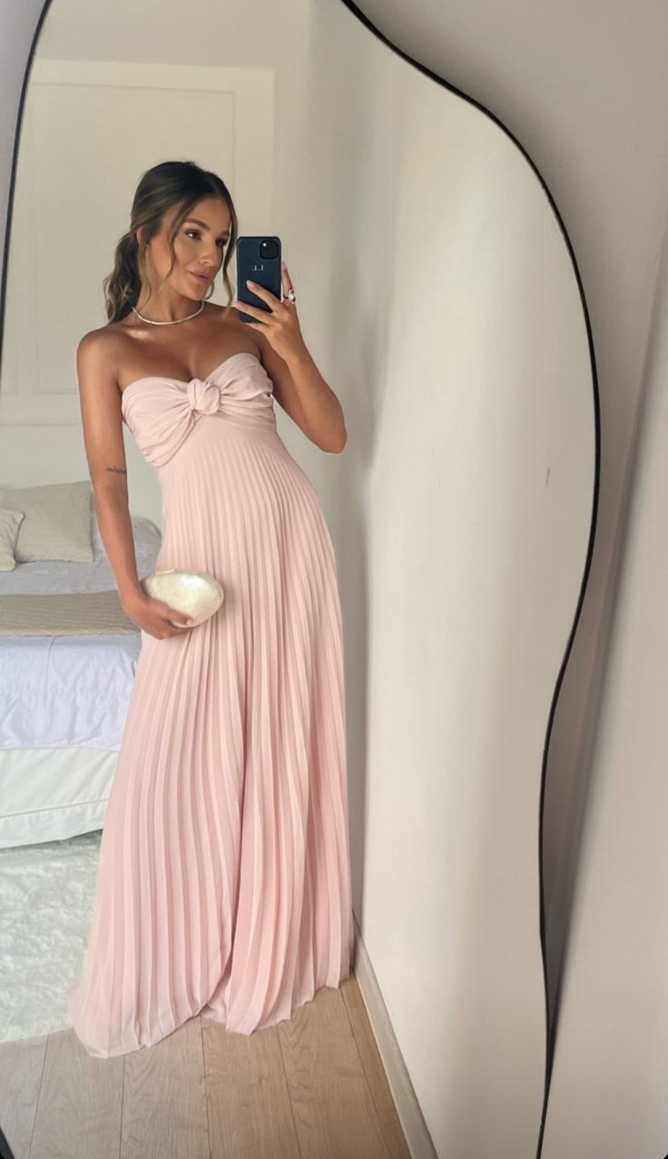 Strapless A Line Pink Long Prom Dress Pleated Formal Party Gown