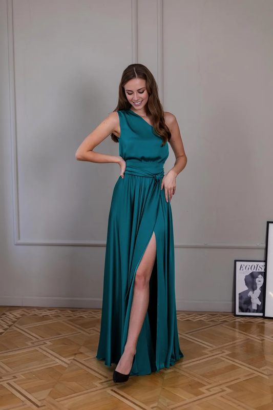 - Asymmetric collar backless satin and floor length Prom dress