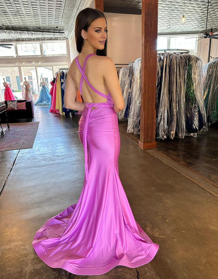 deep V-neck cross back long satin slit Prom dress