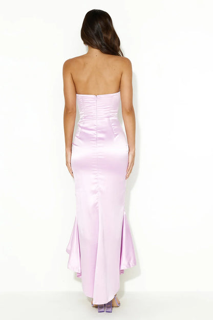off shoulder satin ruffle and floor length Prom dress