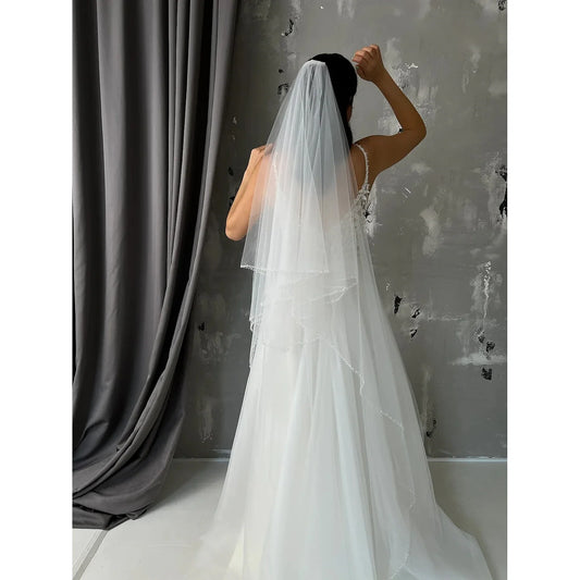 - Single layer fashionable/simple wedding veil church veil with beaded chiffon