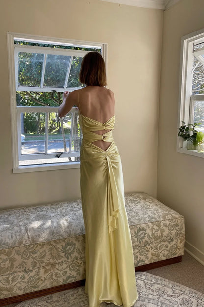 chic yellow thin shoulder strap long Prom dress
