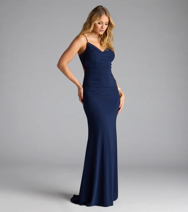 mermaid scarf collar with thin shoulder straps, satin backless and floor length Prom dress